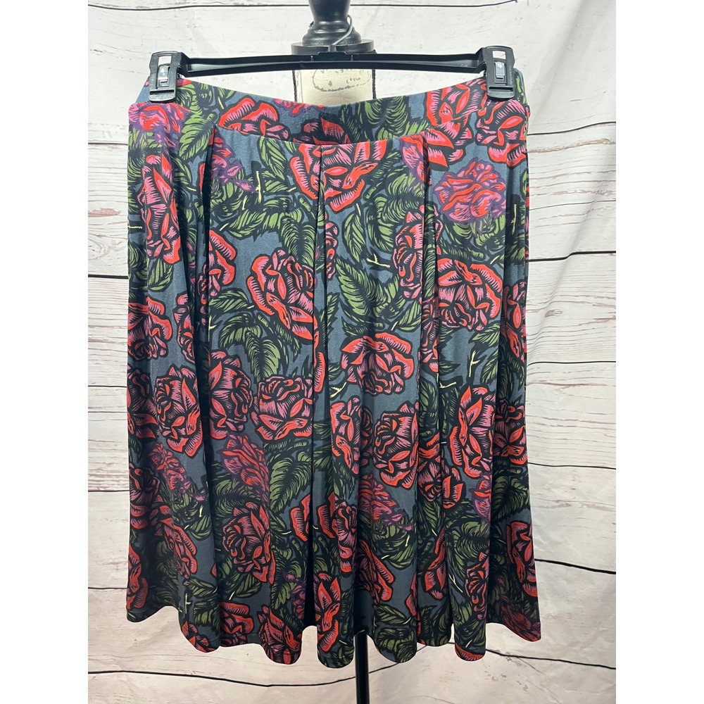 LuLaRoe Madison Skirt Womens Large Red Rose Floral Pleated A-Line Pocket Grey L